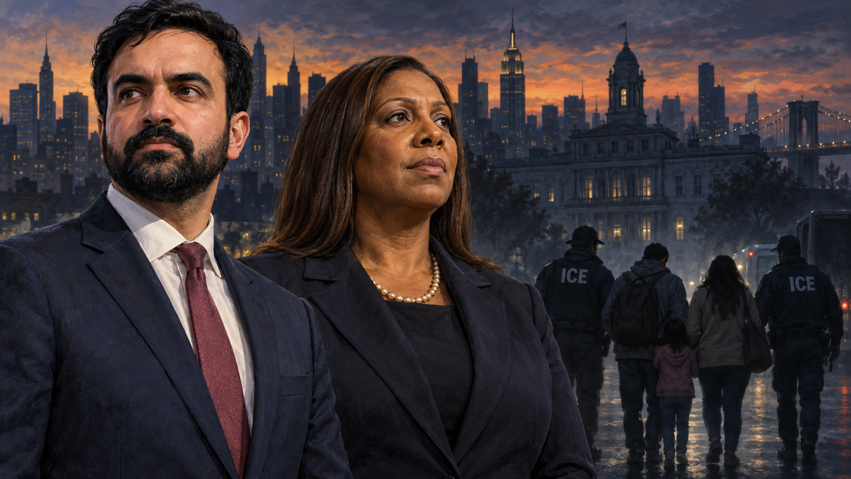 Mamdani y James sobre una imagen del horizonte de Nueva York y una escena de agentes de ICE en la oscuridad.